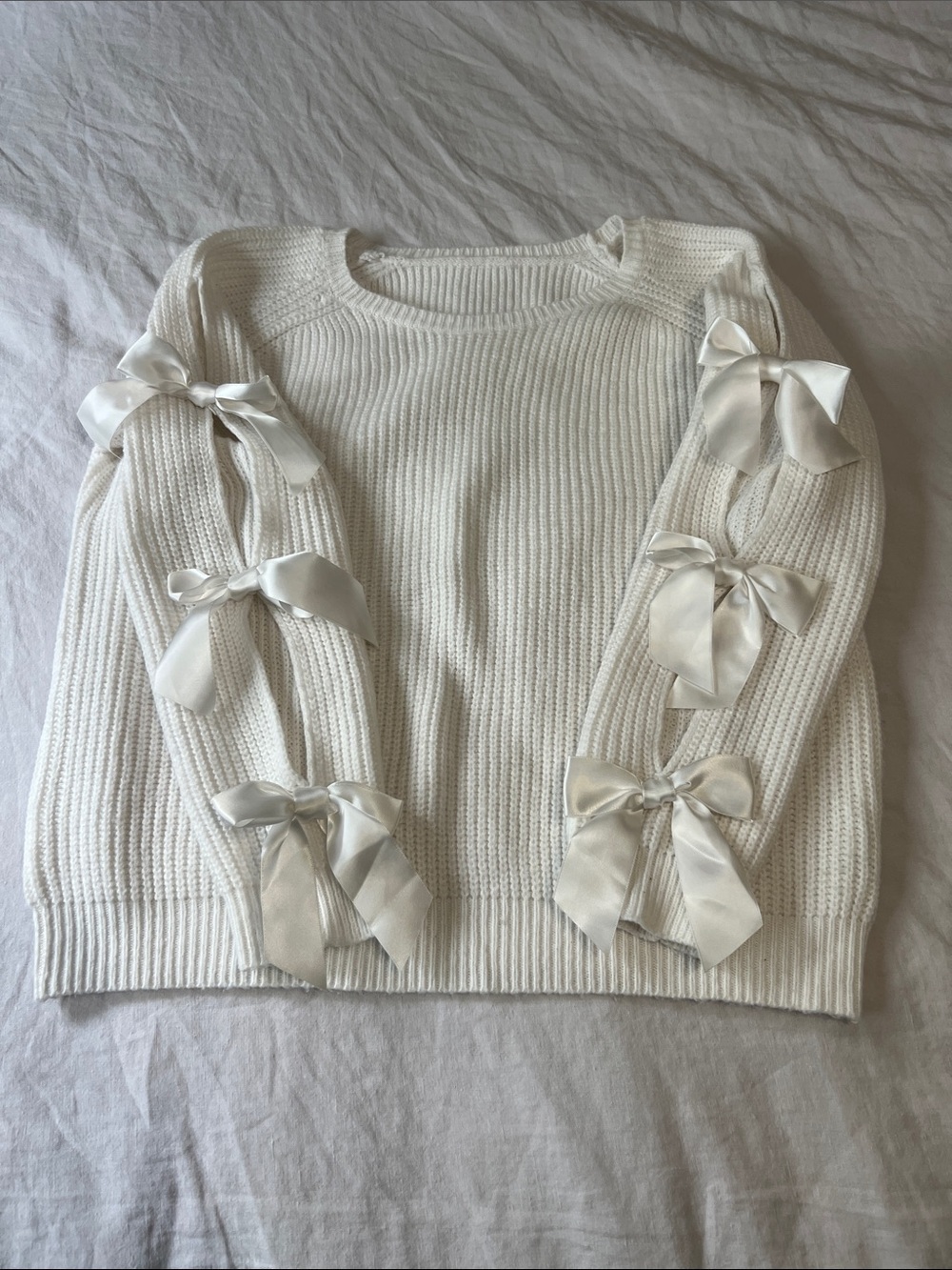White Ribbon-Sleeve Knit Sweater